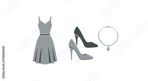 Chic fashion ensemble featuring a stylish dress, elegant high heels, and a sparkling diamond necklace for a sophisticated look.