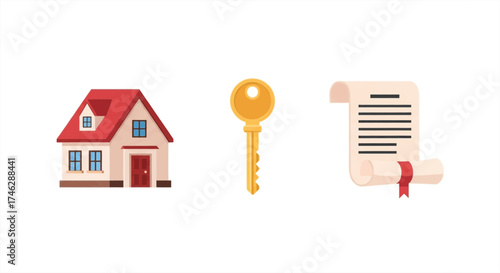 Secure your dream home with this essential real estate bundle featuring a charming house, golden key, and official deed, perfect for property investment visuals.