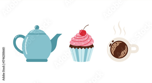 Delightful tea party featuring a charming teapot, sweet cupcake with cherry, and steaming hot coffee for cozy moments and sweet indulgence