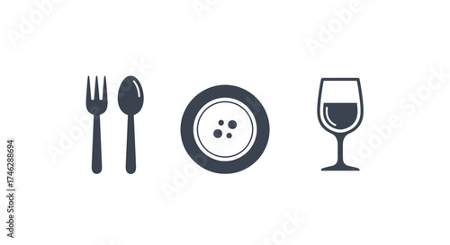 Elegant dining concept showing fork, spoon, plate, and wine glass, ideal for restaurant menus, culinary designs, or event invitations with a modern aesthetic
