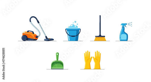 Essential cleaning equipment for a spotless home, featuring a vacuum, bucket, spray bottle, gloves, broom, and dustpan, promising hygiene and cleanliness