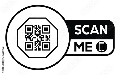 Minimalist black and white QR code label design with "SCAN ME" message, modern style, ideal for marketing, digital menus, business promotions, and mobile-based contactless solutions.	