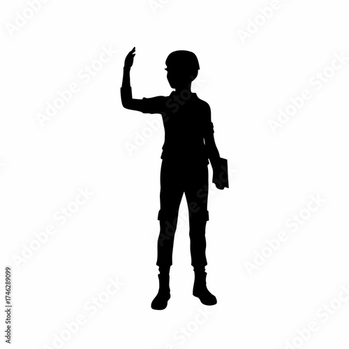 Silhouette of a science fair judge evaluating student invention isolated on white background