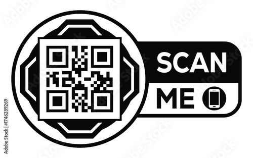 Minimalist black and white QR code label design with "SCAN ME" message, modern style, ideal for marketing, digital menus, business promotions, and mobile-based contactless solutions.	