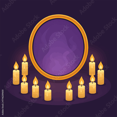 Round Cursed Mirror Surrounded by Candles Gothic Vector Illustration