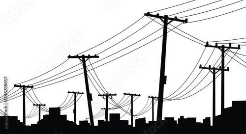 Silhouette of electric power poles and tangled cables above urban buildings, city electricity distribution network vector illustration for infrastructure design