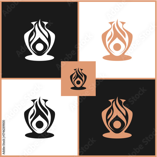 Creative stylized vase design with flames and person abstract illustration for branding and logo