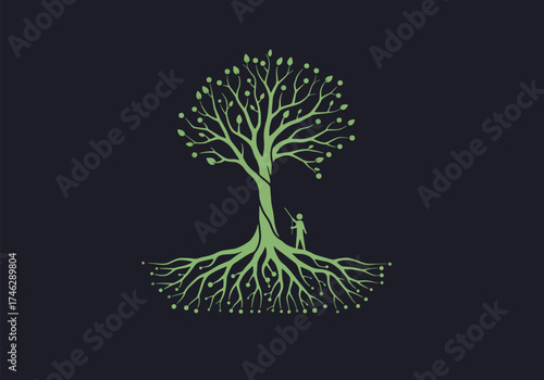 Silhouette of a person standing under a stylized green tree with visible roots and leaves against a dark background.