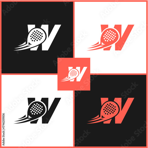 W logo concept for racket sports, with dynamic motion lines and a stylized ball, on a contrasting background grid
