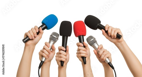 Diverse Microphones Held by Multiple Hands for Interview or Public Event