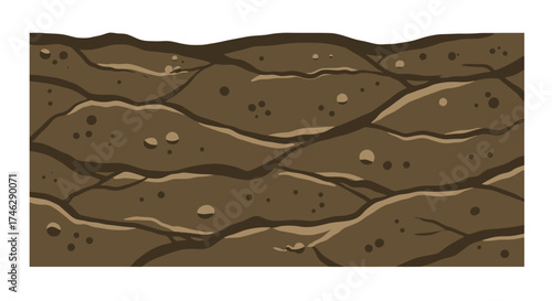 Cartoon Soil Profile with Brown Layers and Pebbles Illustration.