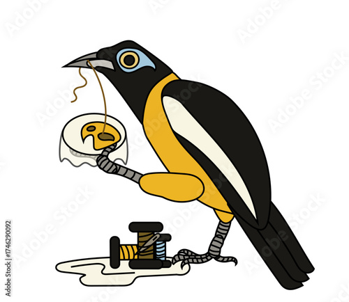 A troupial bird, Icterus icterus, holding a cross-stitch canvas with a yellow bird image with brown wing, pulling a thread with its beak, three spools on the ground. Vector drawing.