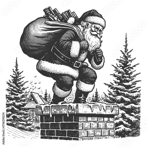 Santa Claus in traditional outfit carrying a sack of presents as he climbs down a snowy chimney on Christmas Eve sketch engraving generative ai vector illustration. Scratch board. Black and white.