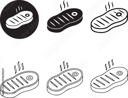 Three stages of steak cooking line art illustration on transparent background silhouette