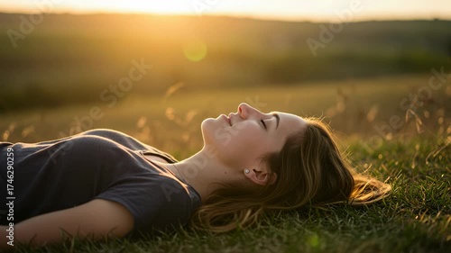 Young woman lying on grass in the sun, eyes closed, enjoying the moment