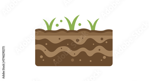 Soil Layers with Green Grass Shoots Flat Vector Illustration.