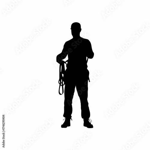 Silhouette of a site inspector checking safety harnesses isolated on white background