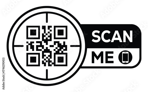 Minimalist black and white QR code label design with "SCAN ME" message, modern style, ideal for marketing, digital menus, business promotions, and mobile-based contactless solutions.	