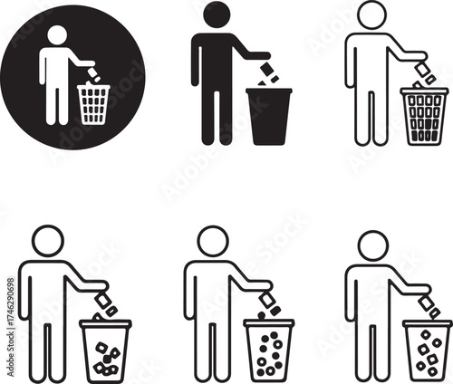 Stick figure people disposing of trash in bins on transparent background silhouette