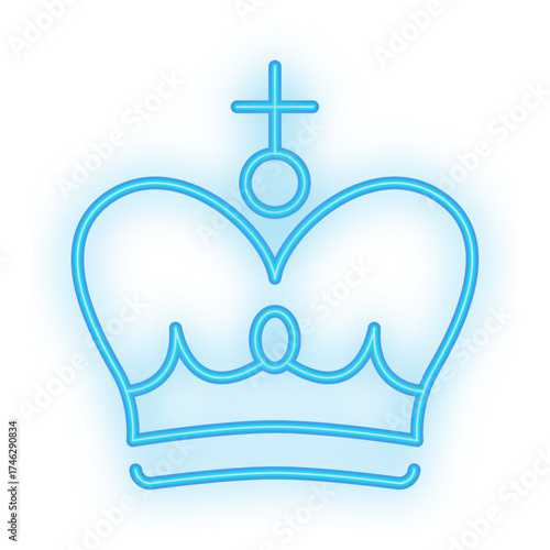 Doodle Neon Signboard of a glowing blue crown icon with a cross, set on a transparent background for regal or elite themes