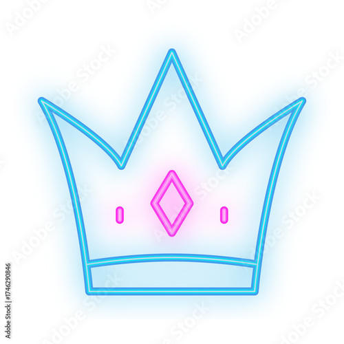 Doodle Neon Signboard of a blue glowing crown icon featuring a vibrant pink diamond shape, on a transparent background for royal or glam designs