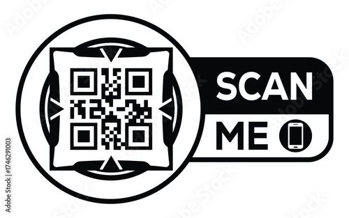 Minimalist black and white QR code label design with "SCAN ME" message, modern style, ideal for marketing, digital menus, business promotions, and mobile-based contactless solutions.	