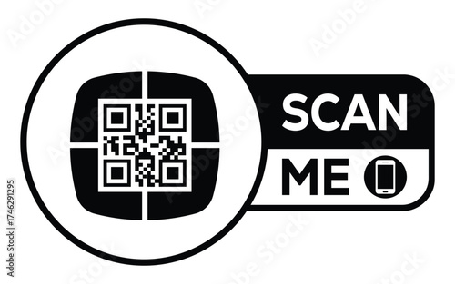Minimalist black and white QR code label design with "SCAN ME" message, modern style, ideal for marketing, digital menus, business promotions, and mobile-based contactless solutions.	