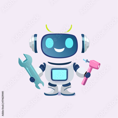A cute cartoon robot holding a wrench and a dental drill, symbolizing repair and maintenance.