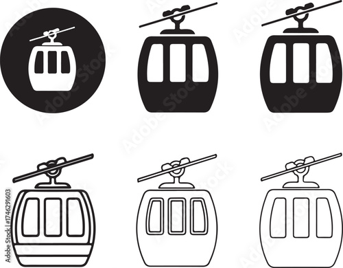 Set of cable car icons in various styles on transparent background silhouette