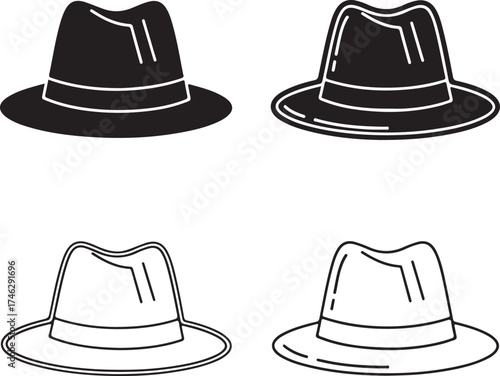 Four variations of a fedora hat design on transparent background silhouette