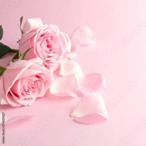 Close-up of soft pink roses with petals on a matching surface