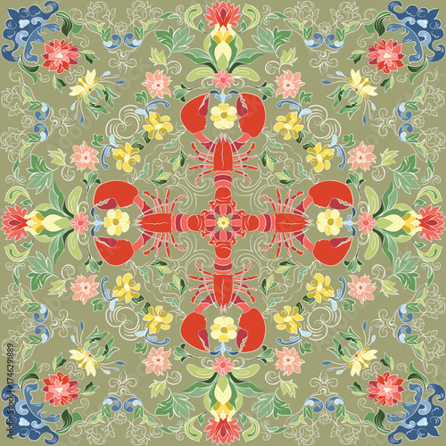 Lobster garden mandala. This pattern uses the iconic silhouette of the lobster as its foundational module, meticulously arranging it within a structured framework of intersecting flowers and waves