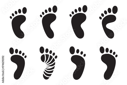 Black footprint vector icon set on white background, human foot silhouette for design and logo concept