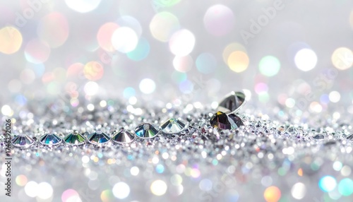 Close-up of sparkly silver surface and small, faceted gemstones