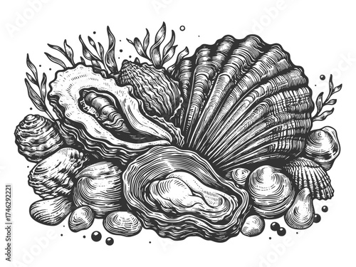 seashells and oysters with seaweed, symbolizing marine life, ocean beauty, and coastal nature sketch engraving generative ai vector illustration. Scratch board imitation. Black and white image.
