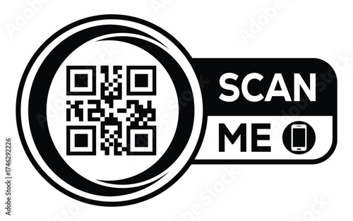 Minimalist black and white QR code label design with "SCAN ME" message, modern style, ideal for marketing, digital menus, business promotions, and mobile-based contactless solutions.	