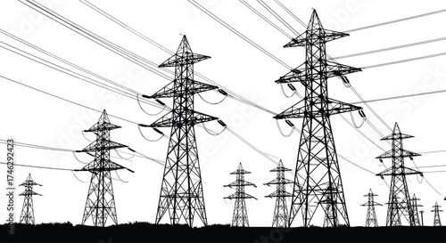 Silhouette of high voltage electricity transmission towers and power lines, industrial energy network vector illustration on white background design