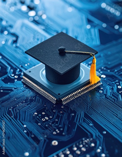 Graduation cap atop circuit board education tech integration