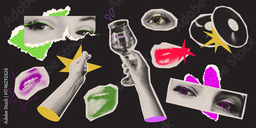 Trendy y2k halftone collage elements with lips, hands and torn paper shapes for digital artwork. Black and white textures, stars and geometric accents for retro poster design or social media graphics.