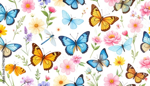A whimsical pattern of butterflies and colorful flowers