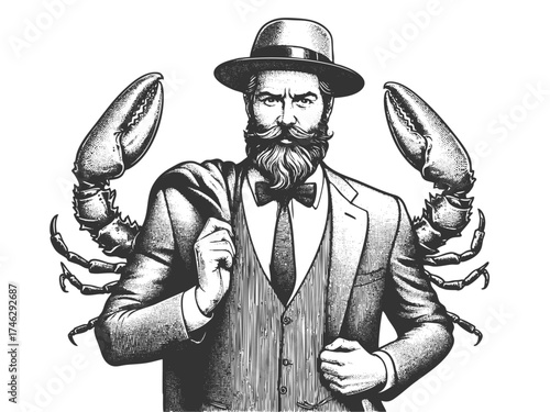 man in a suit and hat with lobster claws sketch engraving generative ai fictional character vector illustration. Scratch board imitation. Black and white image.