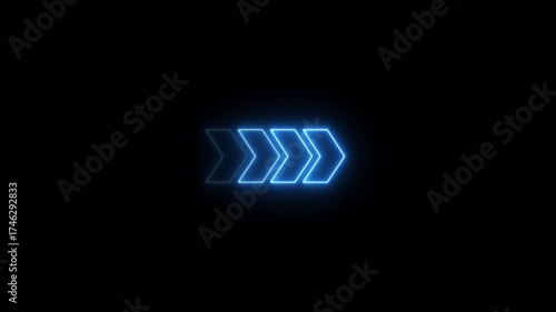 Neon blue right arrow direction icon. Abstract neon arrow loading animation. 4k neon arrow video on a black background.