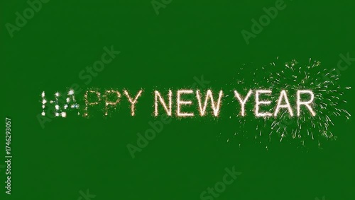 A festive Happy New Year sparkling text design with animated fireworks, isolated on a greenscreen background for VFX projects