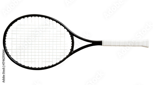 A sleek black tennis racket with taut white strings and a clean white grip positioned horizontally isolate