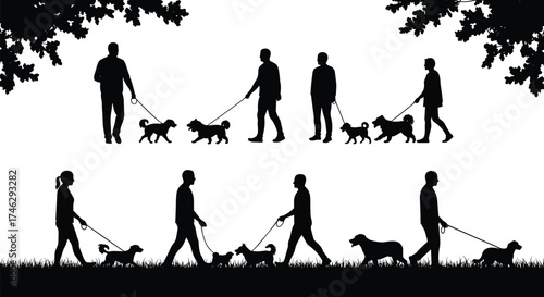 Silhouette of people walking dogs on leashes in park with grass and tree branches, black vector illustration outdoor design