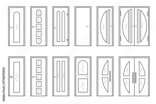 door outline vectors set collection in linear style ,home entrance door with single and double panels,classic door design with wood and glass for architect