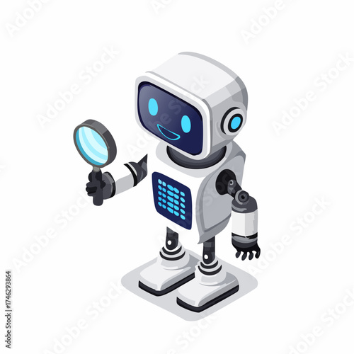 Robot holding magnifying glass for search.