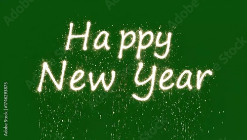 A festive Happy New Year sparkling text design on a green screen, an ideal VFX element for holiday video compositing and celebratory projects