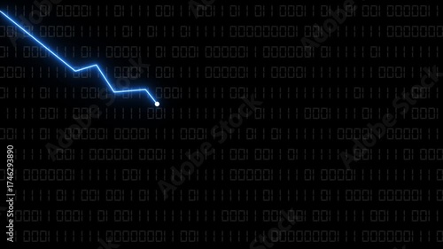 Dramatic bule arrow plunging downward symbolizing financial decline over binary code background implying market crash.