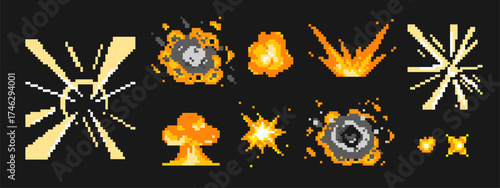 Retro pixel explosions with flames, sparks and blast effects for 8 bit games or digital art. Light bursts with smoke clouds and particles. Classic arcade style action scenes or special effects.